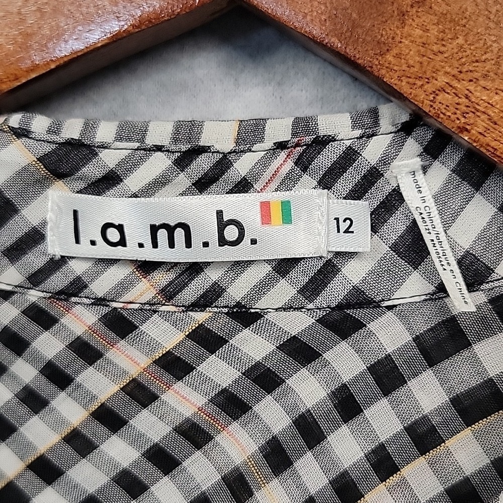 L.A.M.B. Ruched Plaid Button Front Roll Tab Blouse Shirt Pockets Womens Size 12 - Picture 3 of 13